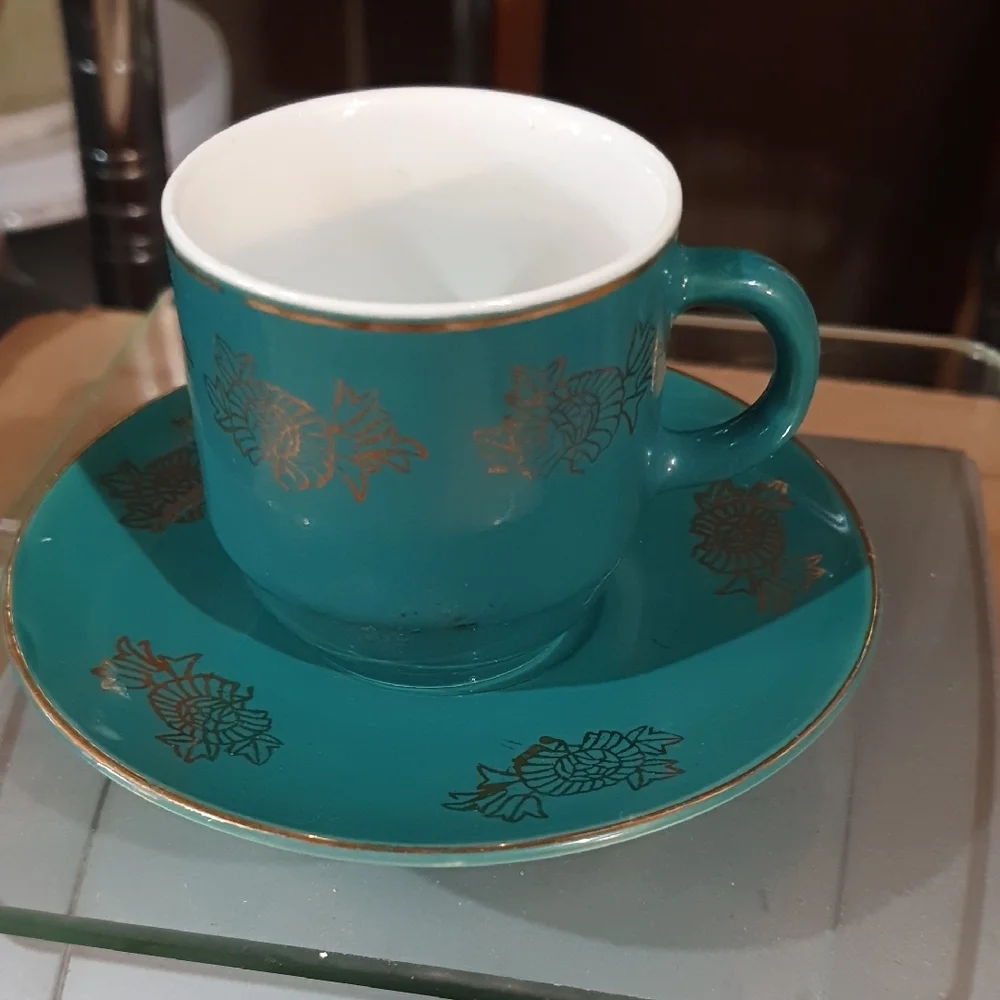 Asian Inspired Design Teal Ceramic Cup and Saucer Set - Picture 5 of 11